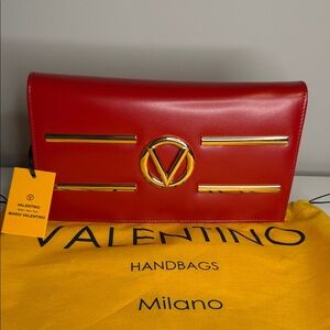 Mario Valentino Red Leather Shoulder Bag with Gold V Emblem NWT